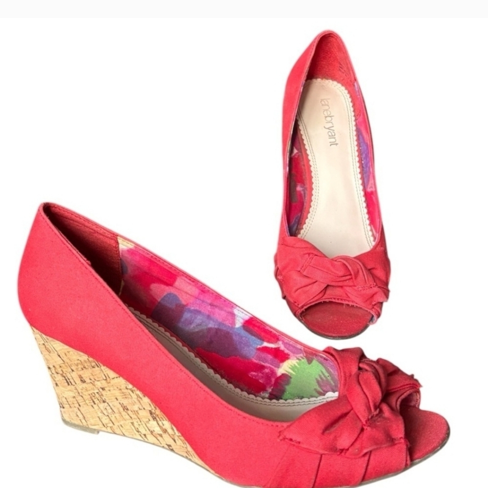 Lane Bryant Wedge Sandals Womens Size 10 Red Canvas Cork Heel Open Toed Shoes